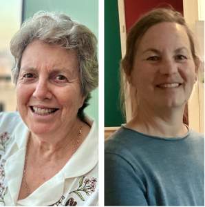 Two women, on lefthand side woman has short grey hair, smiling, wearing embroidered blouse, right woman with light brown hair pulled up, wearing blue top, smiling